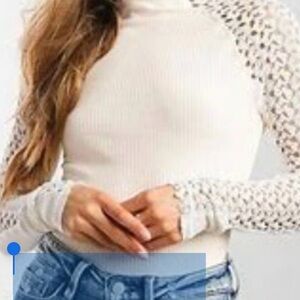 Free People Cream Turtleneck with Lace Sleeves